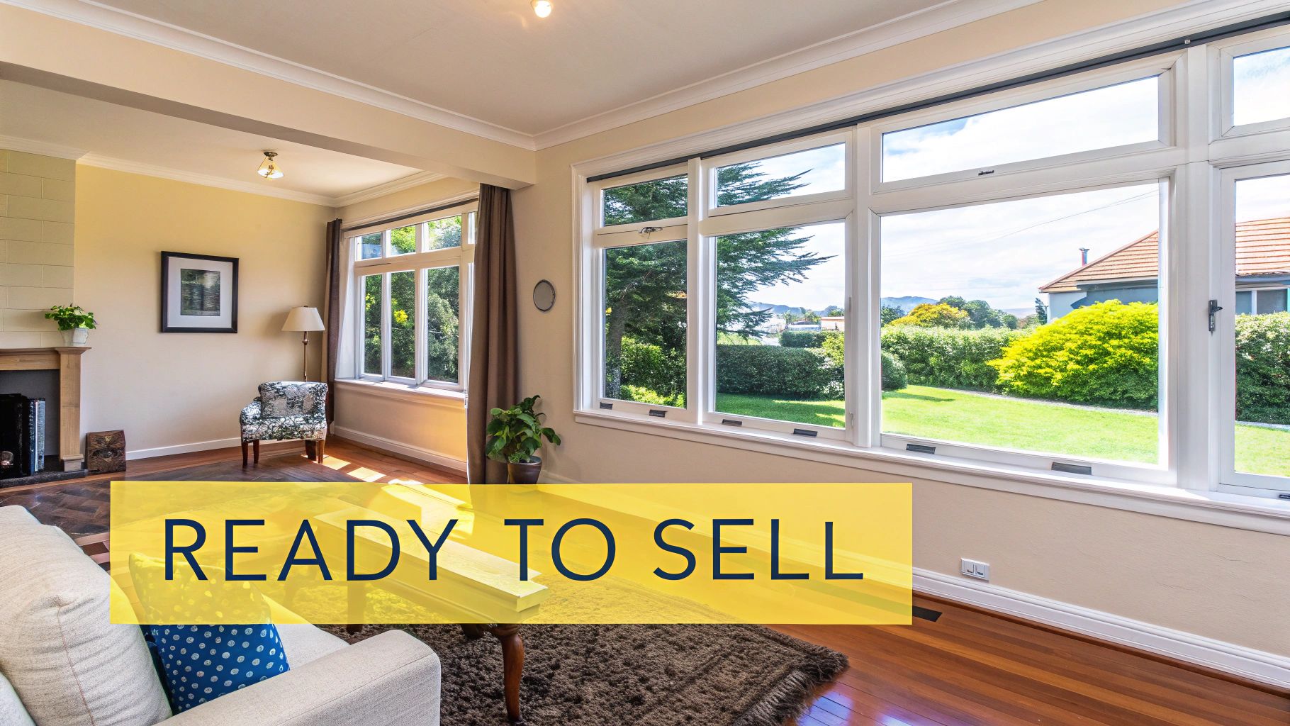 Bright living room with large windows overlooking a lush green garden and distant homes.