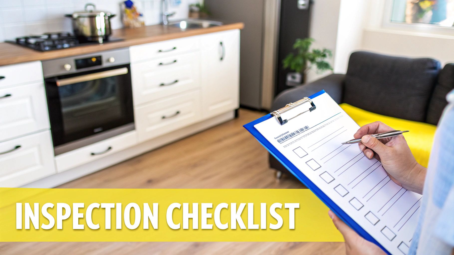 A person fills out an inspection checklist with a pen in a modern kitchen setting.