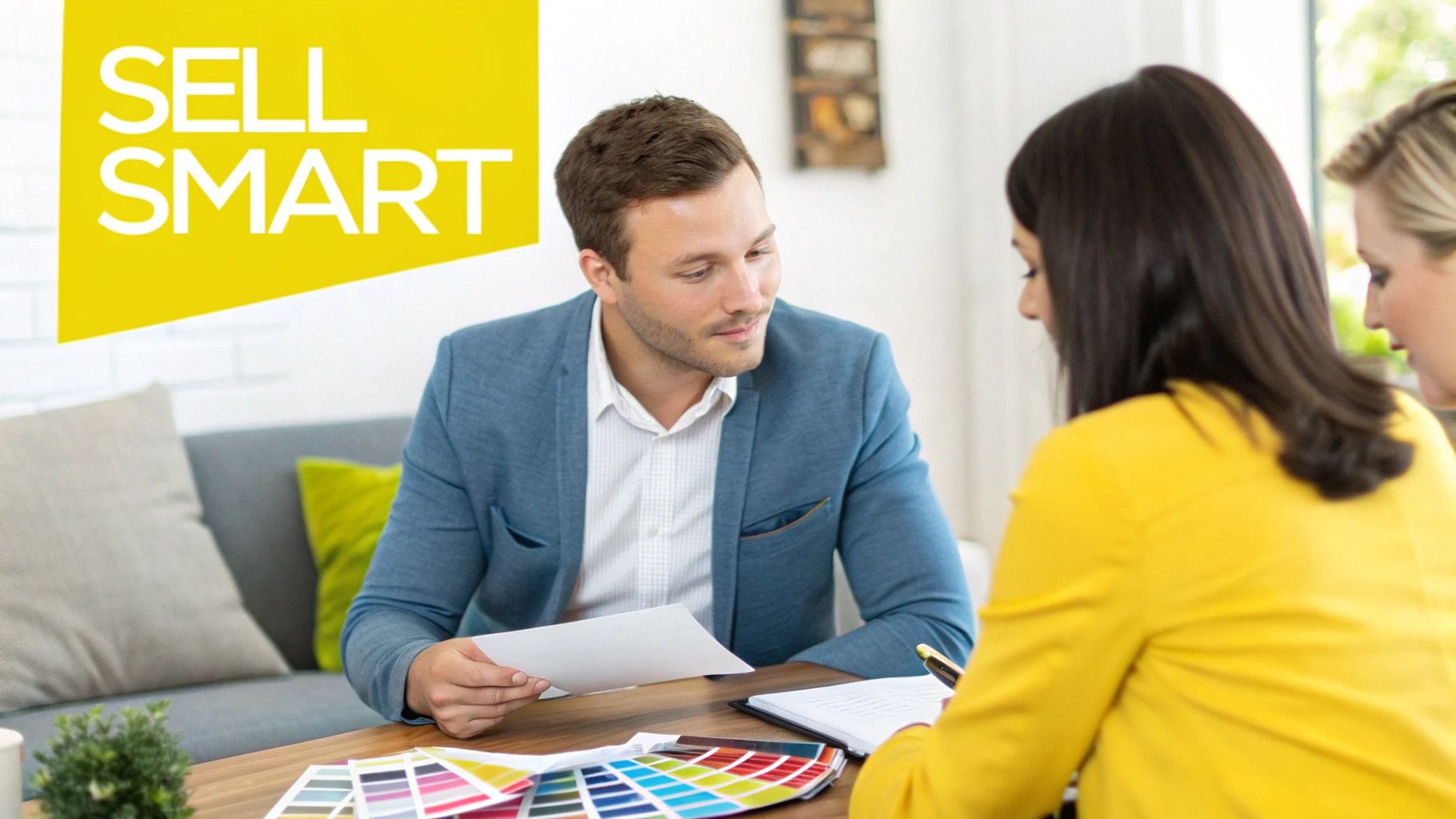 Professionals discuss sales or design, reviewing documents and color swatches on a modern table.