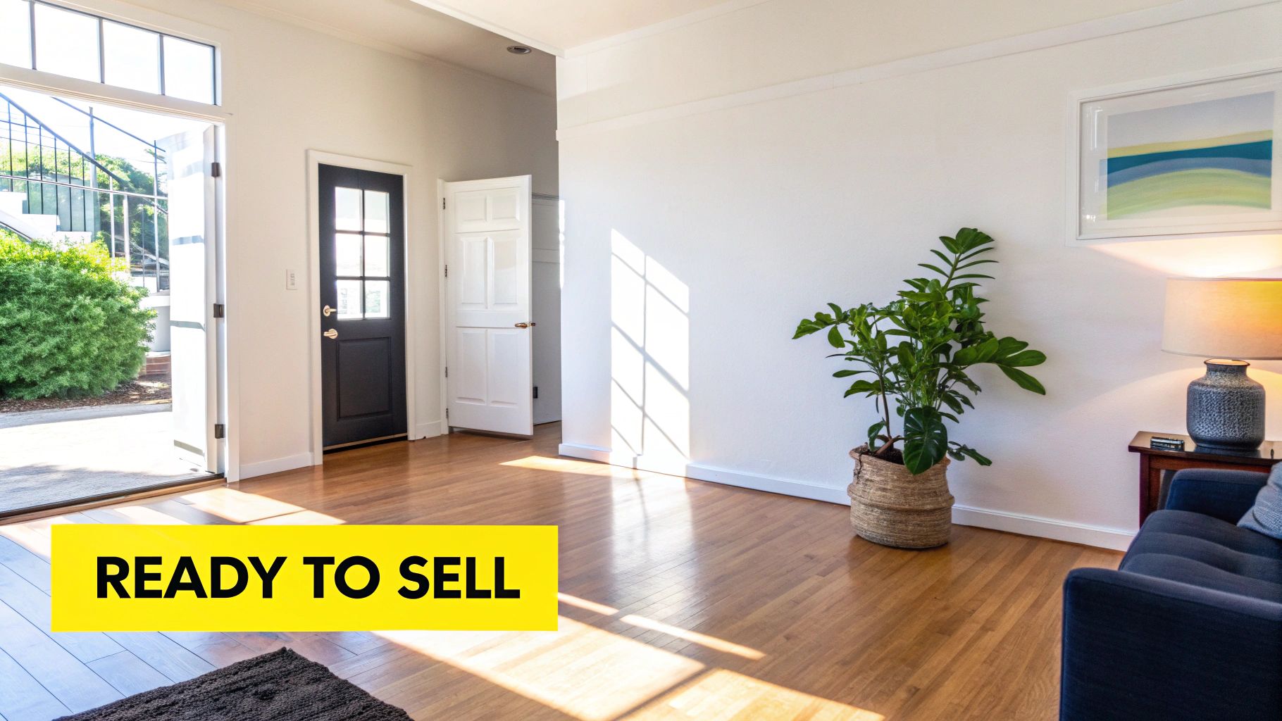 A bright living room with hardwood floors, open doors, a potted plant, and a partial view of a blue sofa.