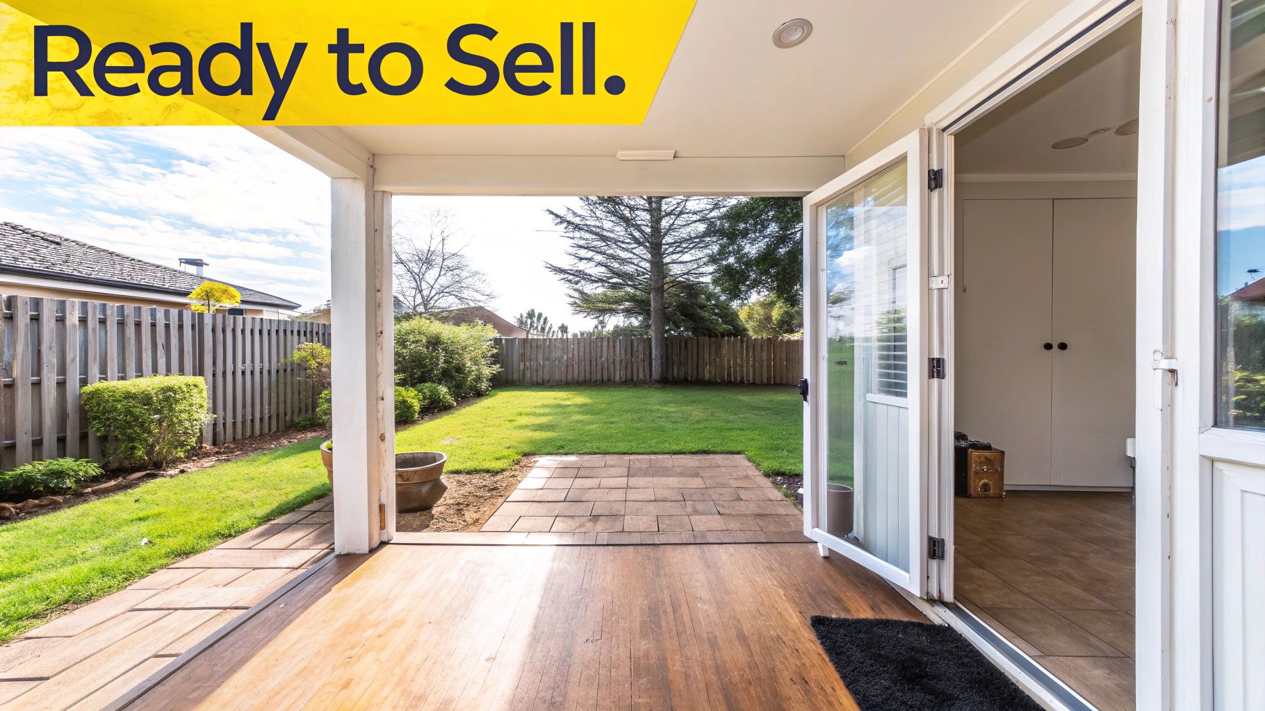 Bright wooden patio opens to a green lawn with a fence and trees, under a 'Ready to Sell' banner.