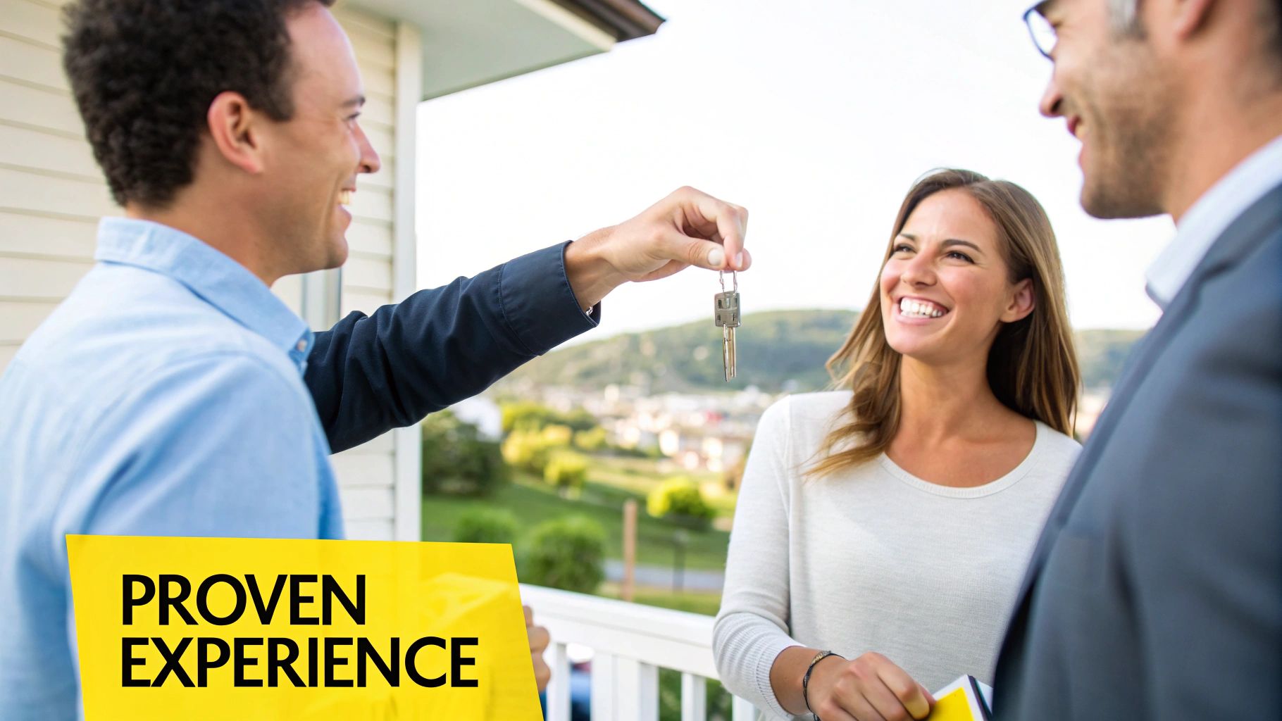 A smiling real estate agent hands house keys to a happy couple, celebrating their new home.