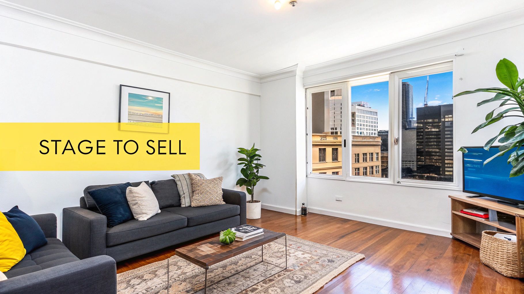 A beautifully staged living room in a Mount Cook apartment, showcasing natural light and modern furniture.