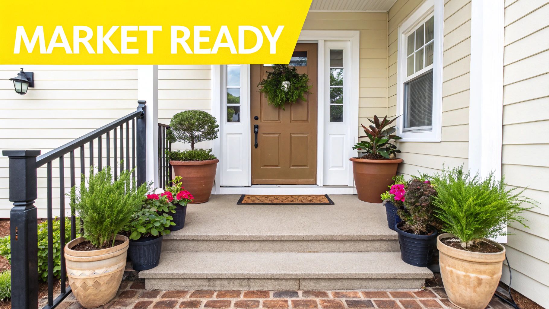 A welcoming front porch of a house with potted plants, a brown door, and concrete steps.