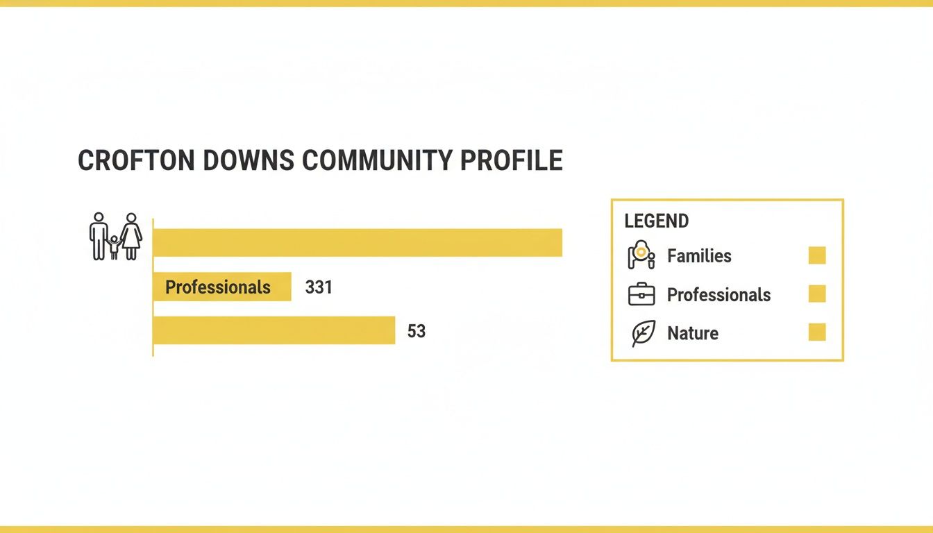 Crofton Downs community profile bar chart showing families, professionals (331), and nature (53) categories.