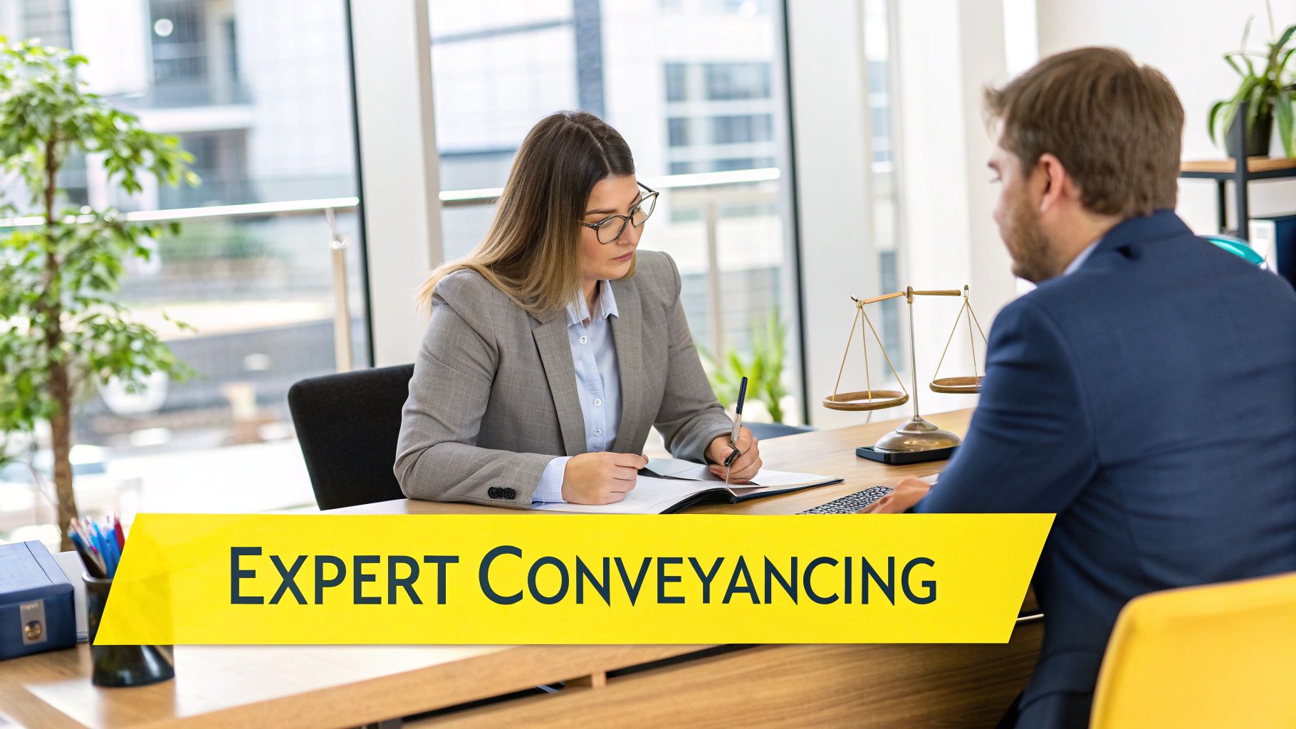 A professional setting with legal documents and pens on a desk, representing a secure property transaction.