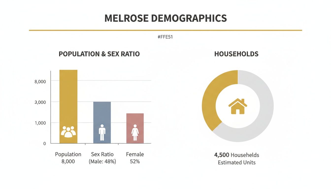 A slide showing Melrose demographics, including population of 8,000, sex ratio, and 4,500 households.