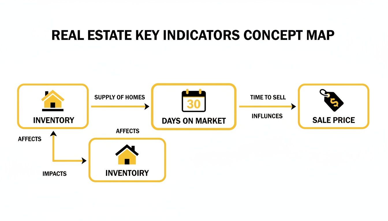 A real estate concept map illustrating how inventory, days on market, and sale price are interconnected.