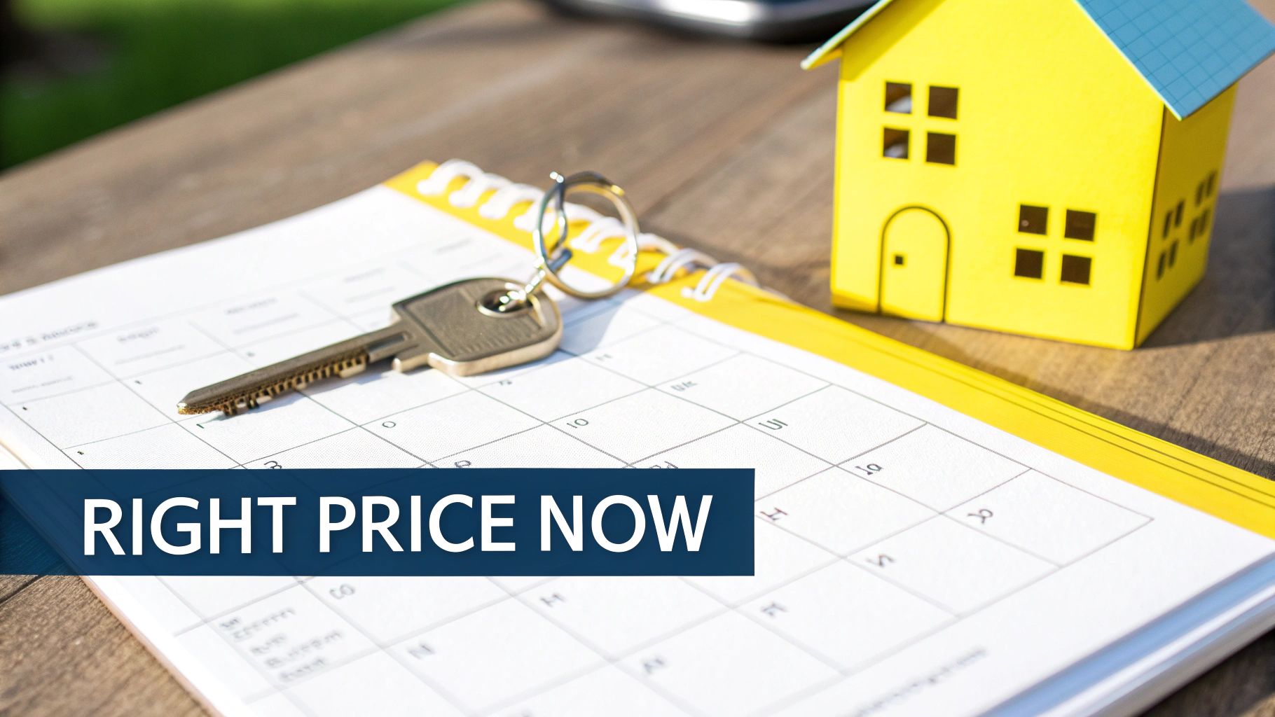 A house key, a yellow paper house, and a calendar with 'RIGHT PRICE NOW' for real estate market conditions.