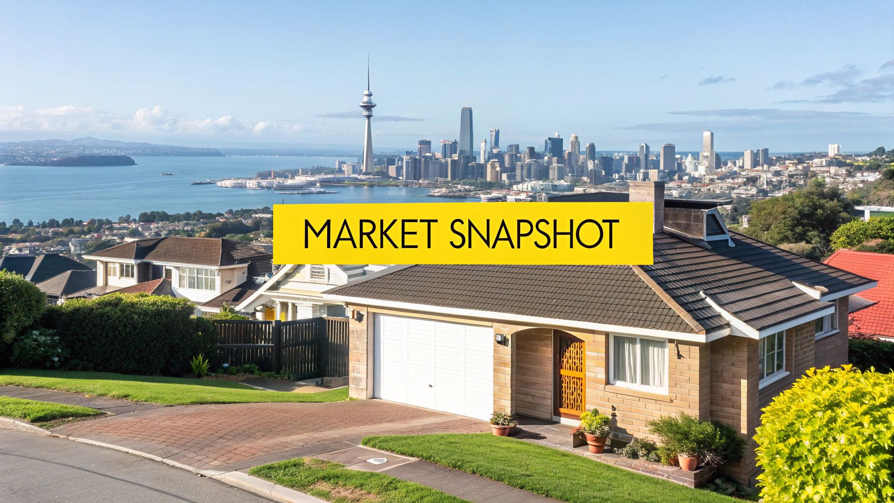 Houses on a hill overlooking Auckland city skyline and harbor with 'MARKET SNAPSHOT' text.