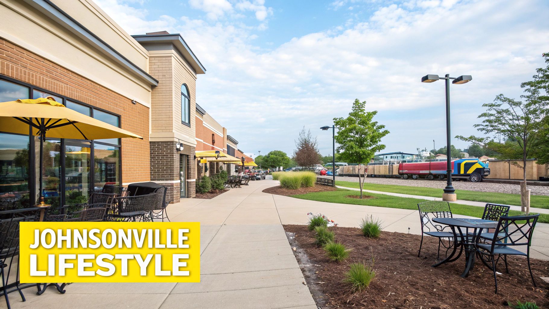 A vibrant outdoor shopping area with cafe tables, yellow umbrellas, a wide sidewalk, and green landscaping.
