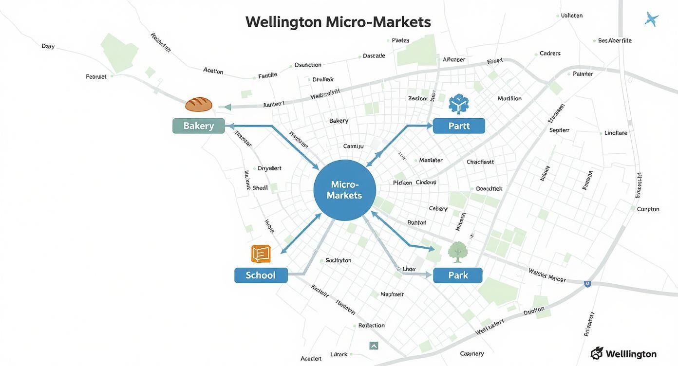 Map of Wellington showing central micro-markets connected to a bakery, school, park, and 'Partt'.
