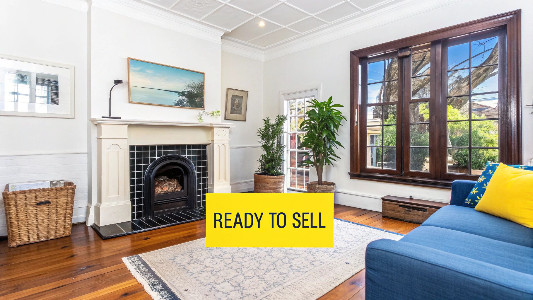 A bright and elegant living room with a fireplace, wooden floors, a blue sofa, and large windows.