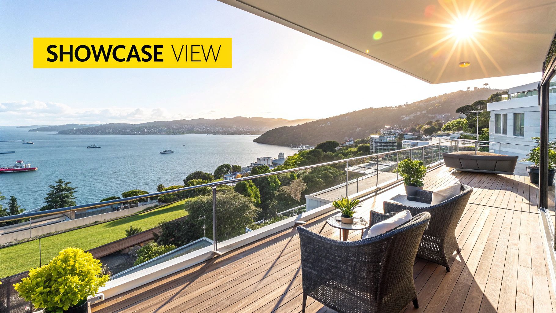 A perfectly clean window in a modern home frames a stunning view of Wellington Harbour, with a stylishly presented interior in the foreground.