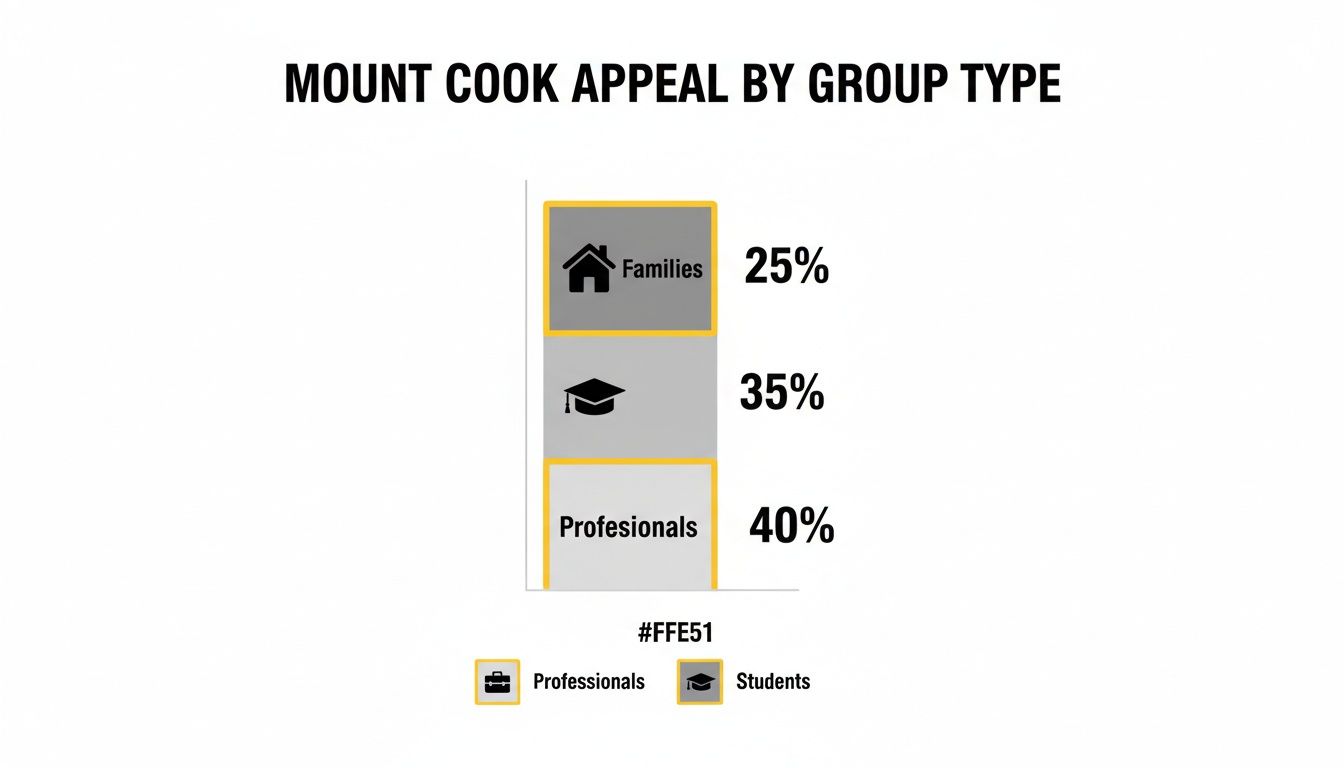 Bar chart showing Mount Cook appeal by group type: Families 25%, Students 35%, Professionals 40%.