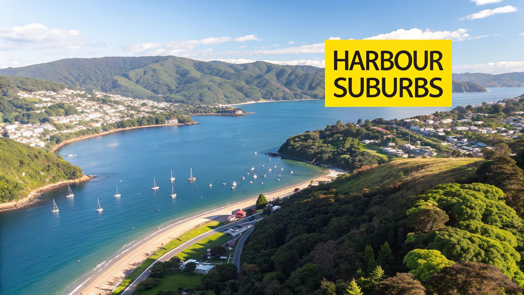 A beautiful aerial view of Wellington's harbour and the surrounding suburbs nestled in the hills.