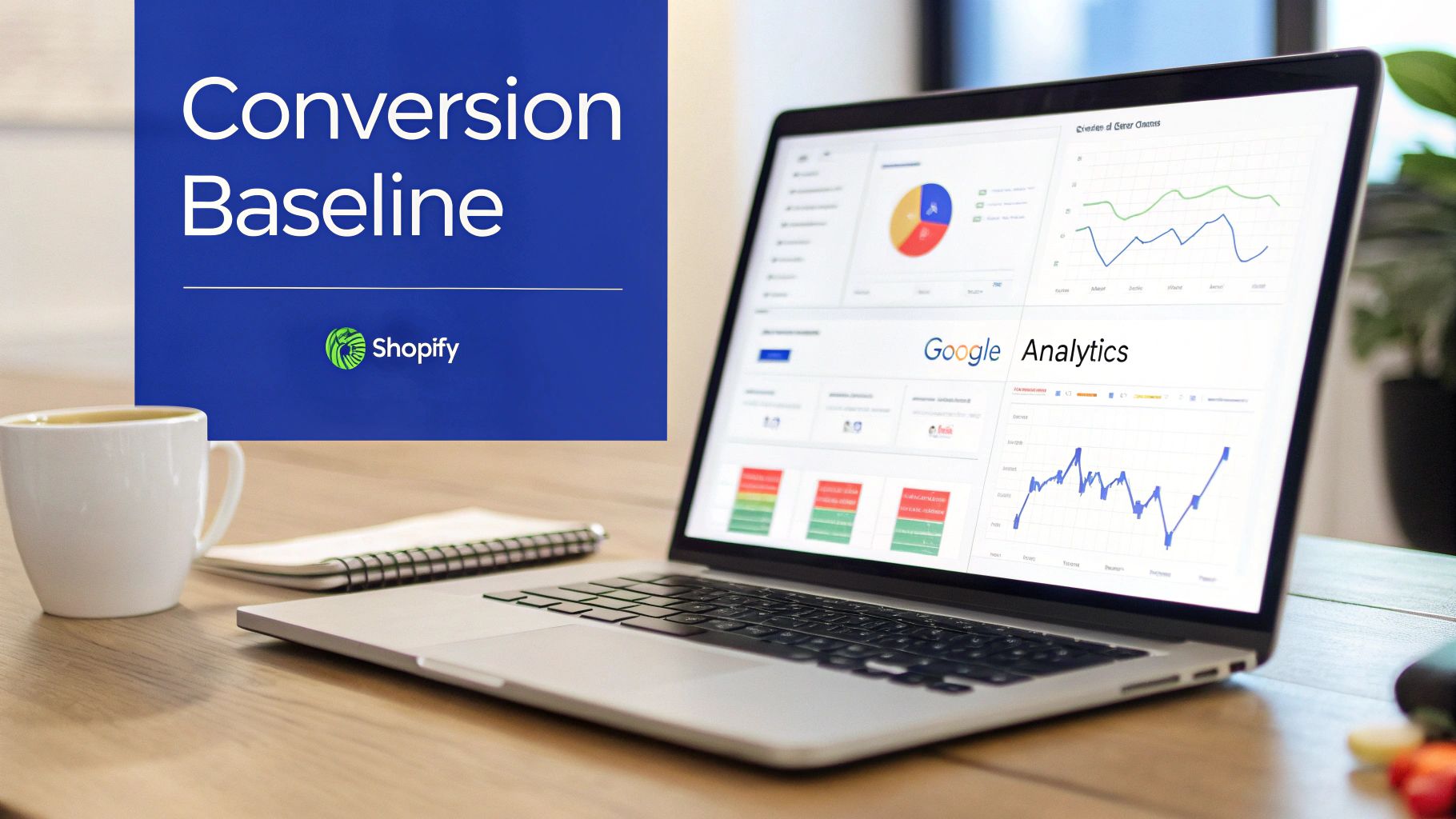 Laptop displaying Google Analytics with Shopify logo, showing conversion baseline data on a desk.