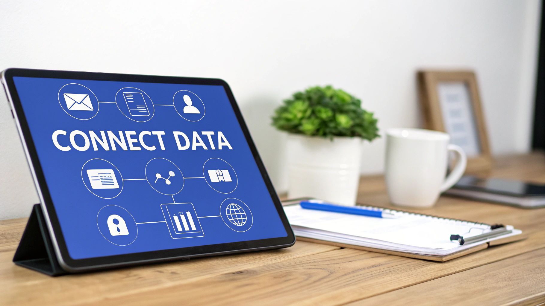 A tablet on a wooden desk displays 'CONNECT DATA' with icons for email, documents, and analytics.