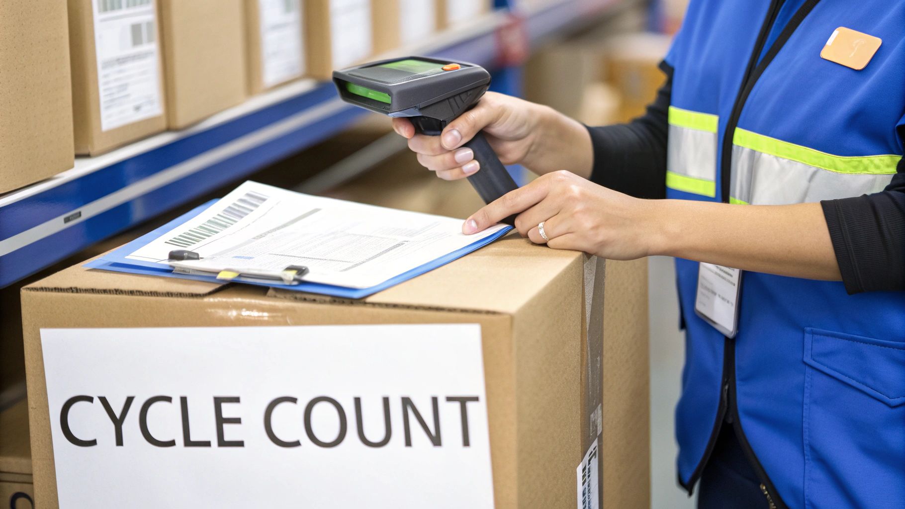 A worker scans a barcode on a document during a cycle count of inventory in a warehouse.