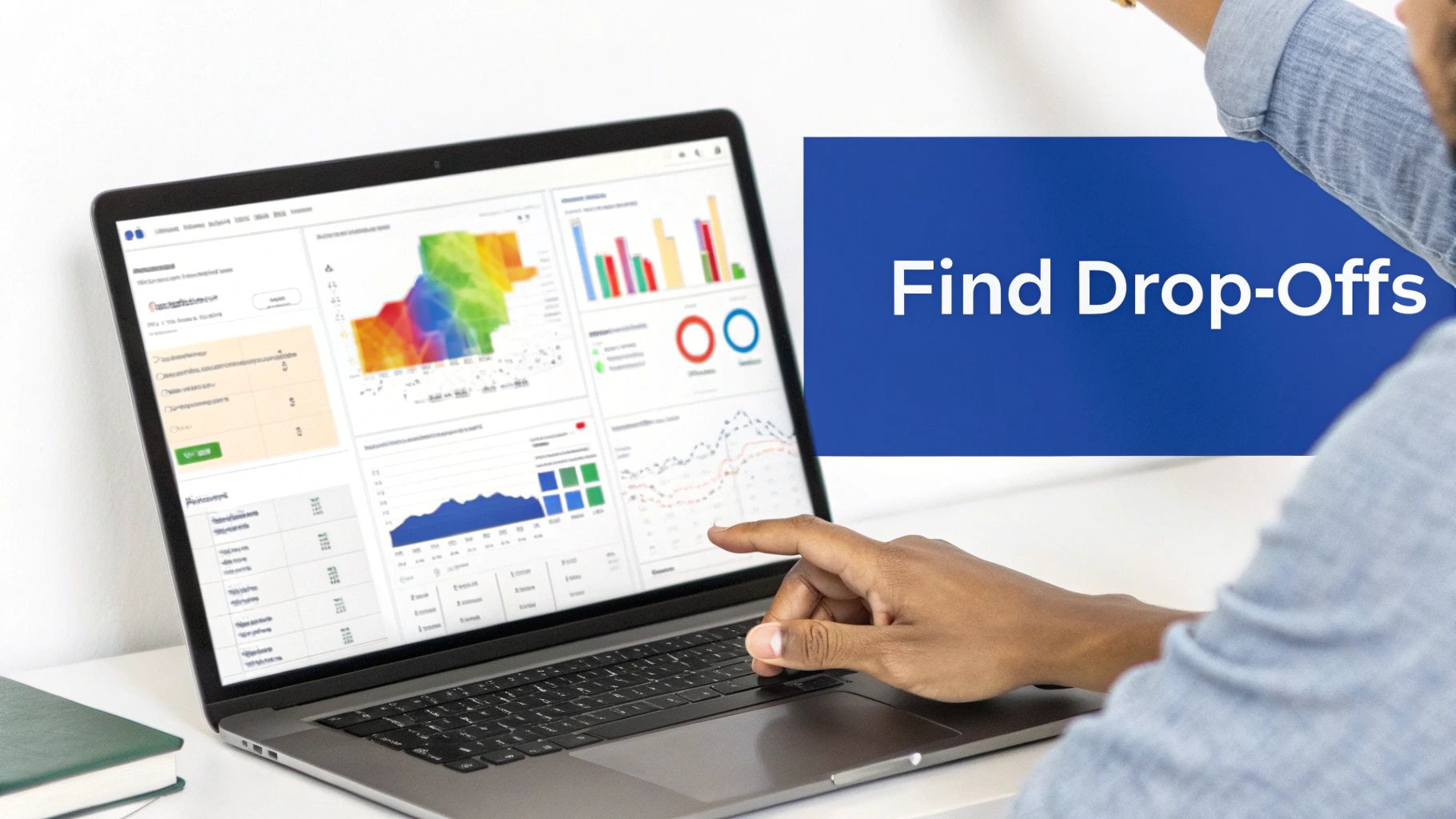 A person analyzing data on a laptop dashboard with charts and graphs, next to a blue banner 'Find Drop-Offs'.
