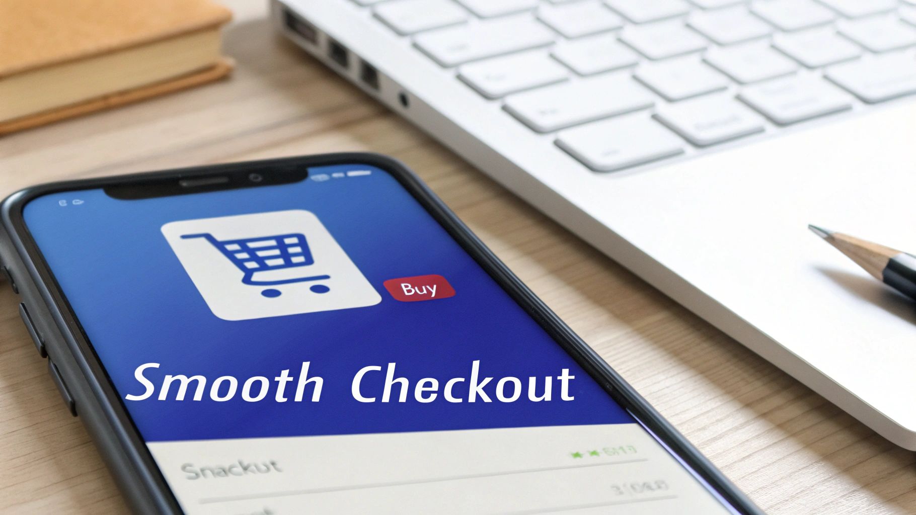 A smartphone displaying 'Smooth Checkout' with a shopping cart icon, next to a laptop and a book.