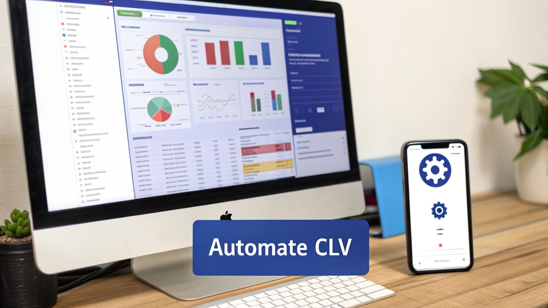 A desktop computer displaying business data dashboards and a smartphone with a settings icon, promoting CLV automation.