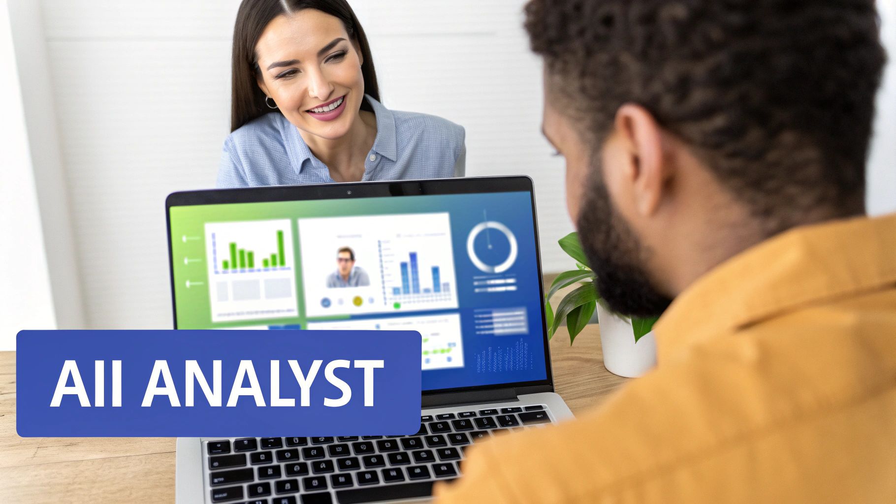 Two smiling professionals collaborate, analyzing data and charts on a laptop screen with 'AII ANALYST' text.