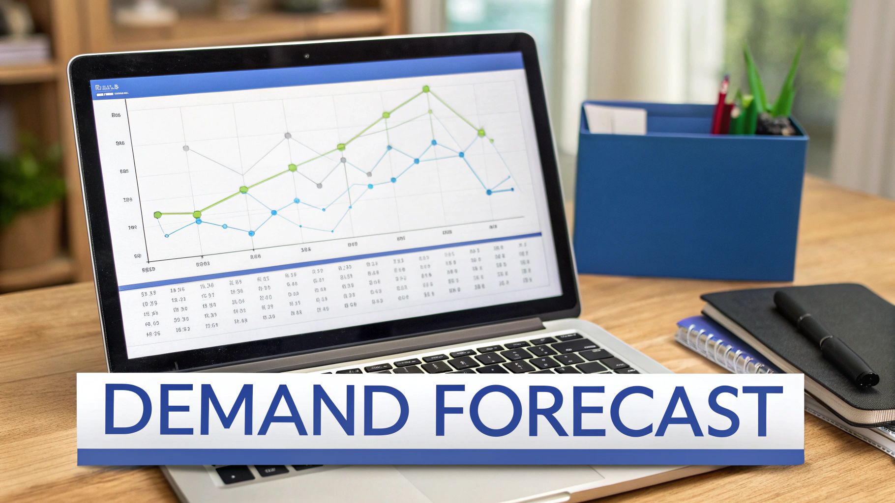 A laptop screen displays a demand forecast graph and data, placed on a wooden desk.