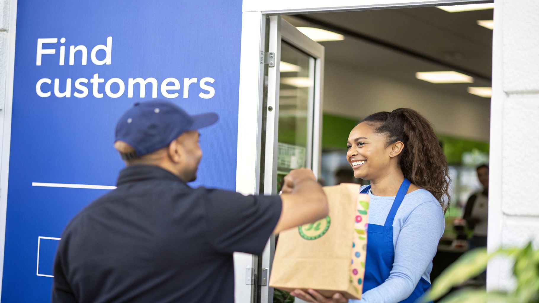 Delivery driver hands a package to a smiling woman in a blue apron at a store entrance.