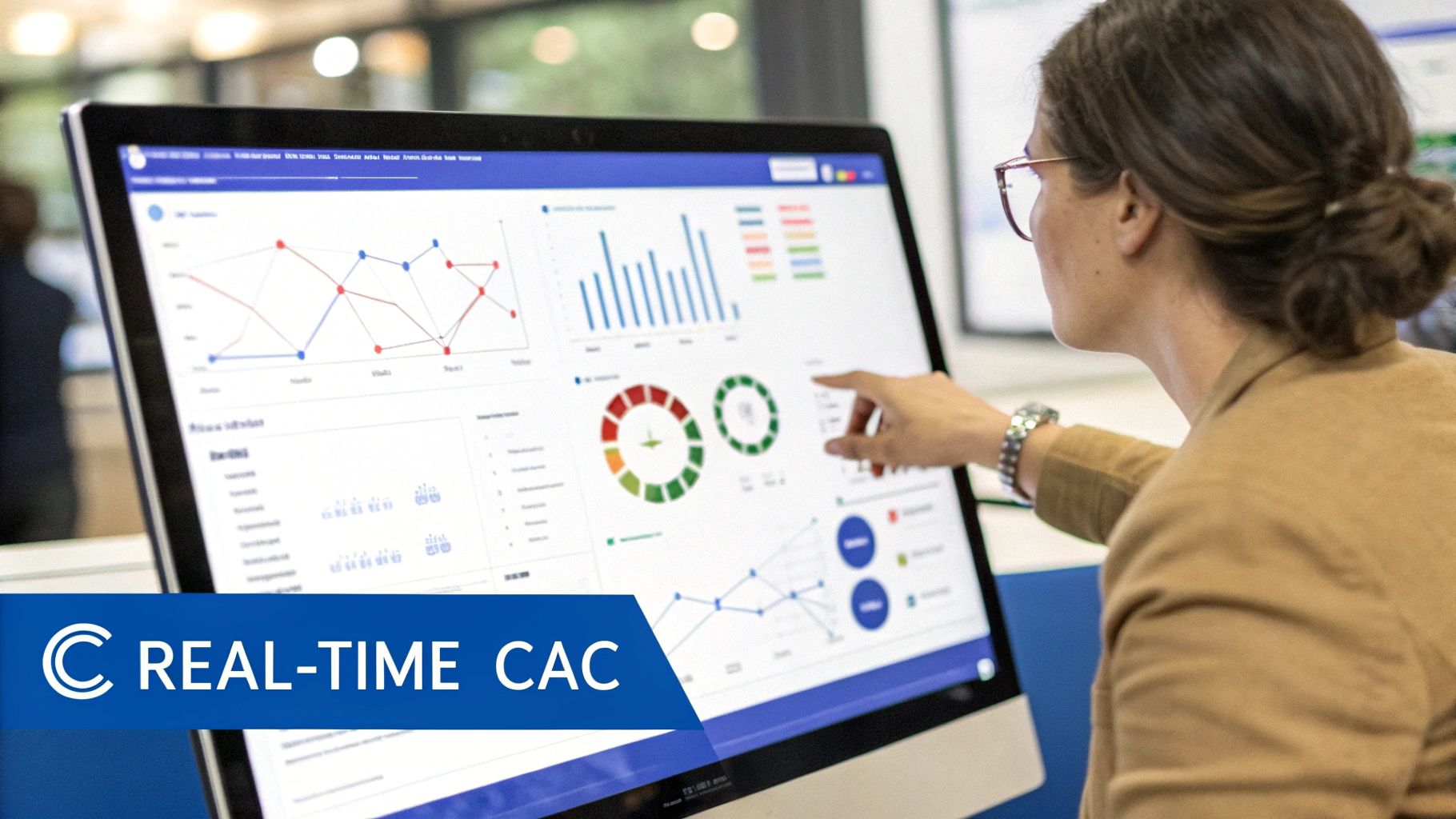 Woman analyzing a real-time customer acquisition cost dashboard on a large monitor with various data visualizations.