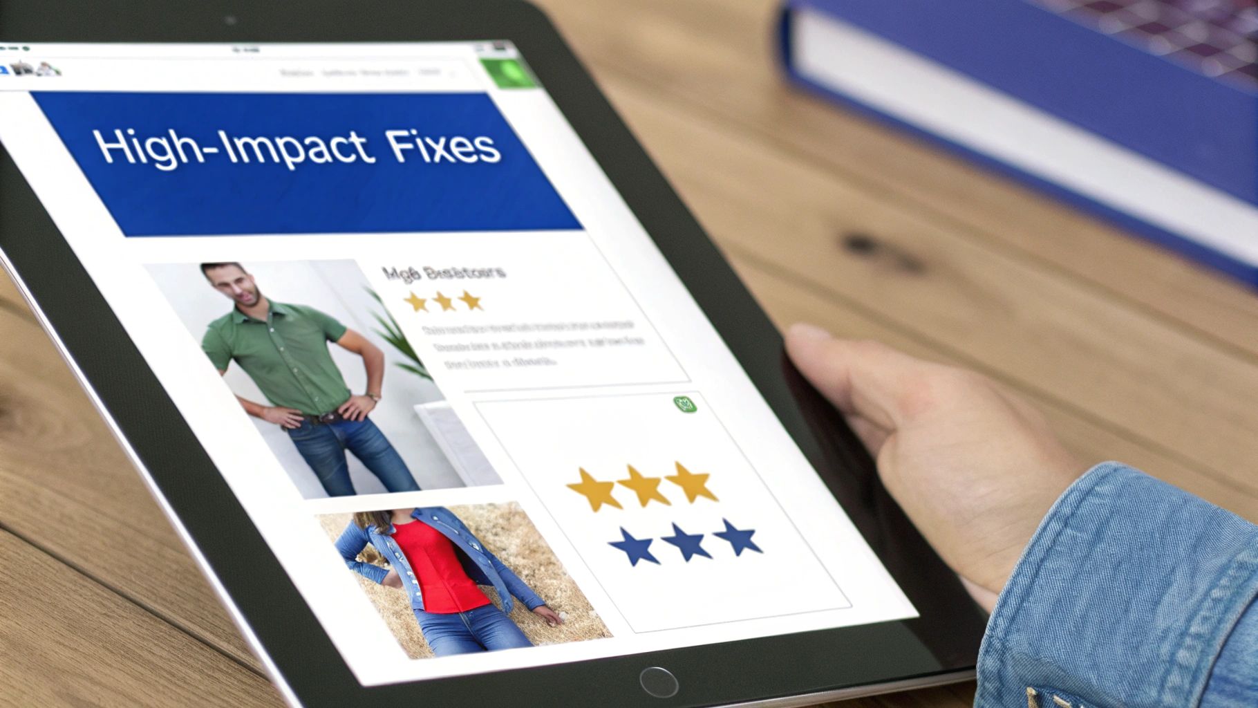 A person's hand in a denim jacket holds a tablet displaying a 'High-Impact Fixes' webpage with images and ratings.