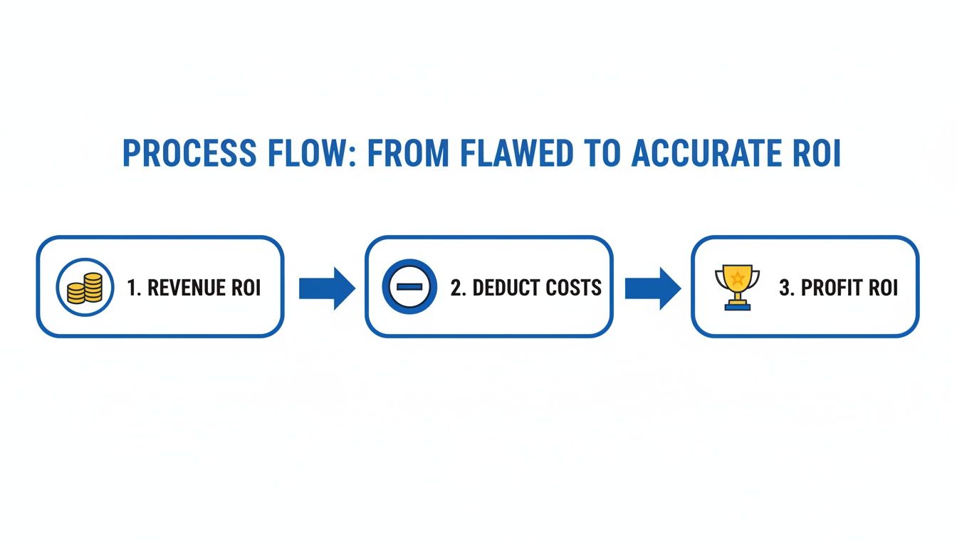 Process flow illustrating how to calculate accurate ROI by deducting costs from revenue ROI to get profit ROI.