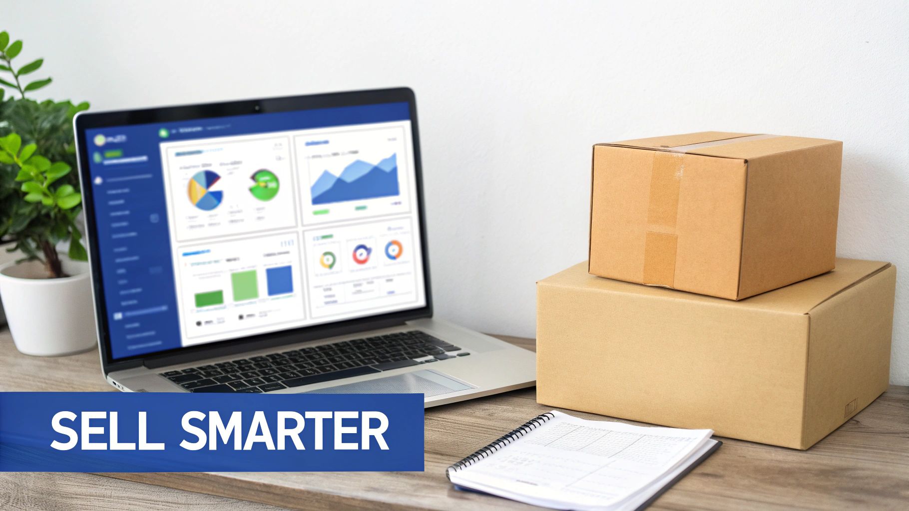 A laptop displays business intelligence dashboards next to stacked shipping boxes, with text 'SELL SMARTER'.