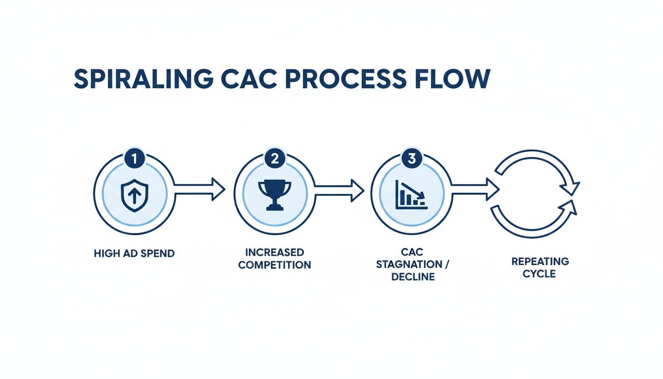 A spiraling process flow illustrating how high ad spend leads to increased competition and CAC stagnation.
