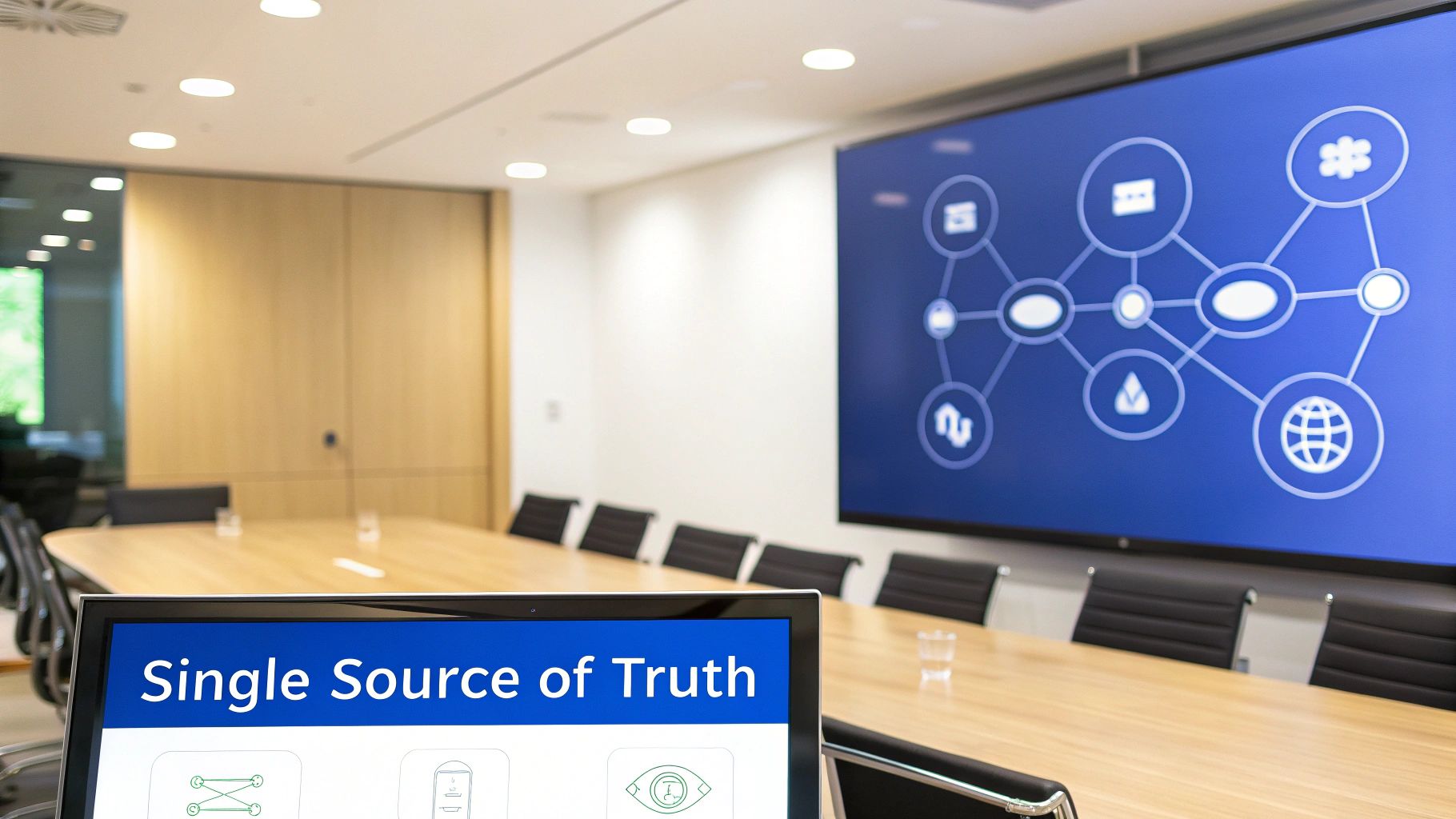 Modern meeting room featuring screens displaying 'Single Source of Truth' and data governance concepts.
