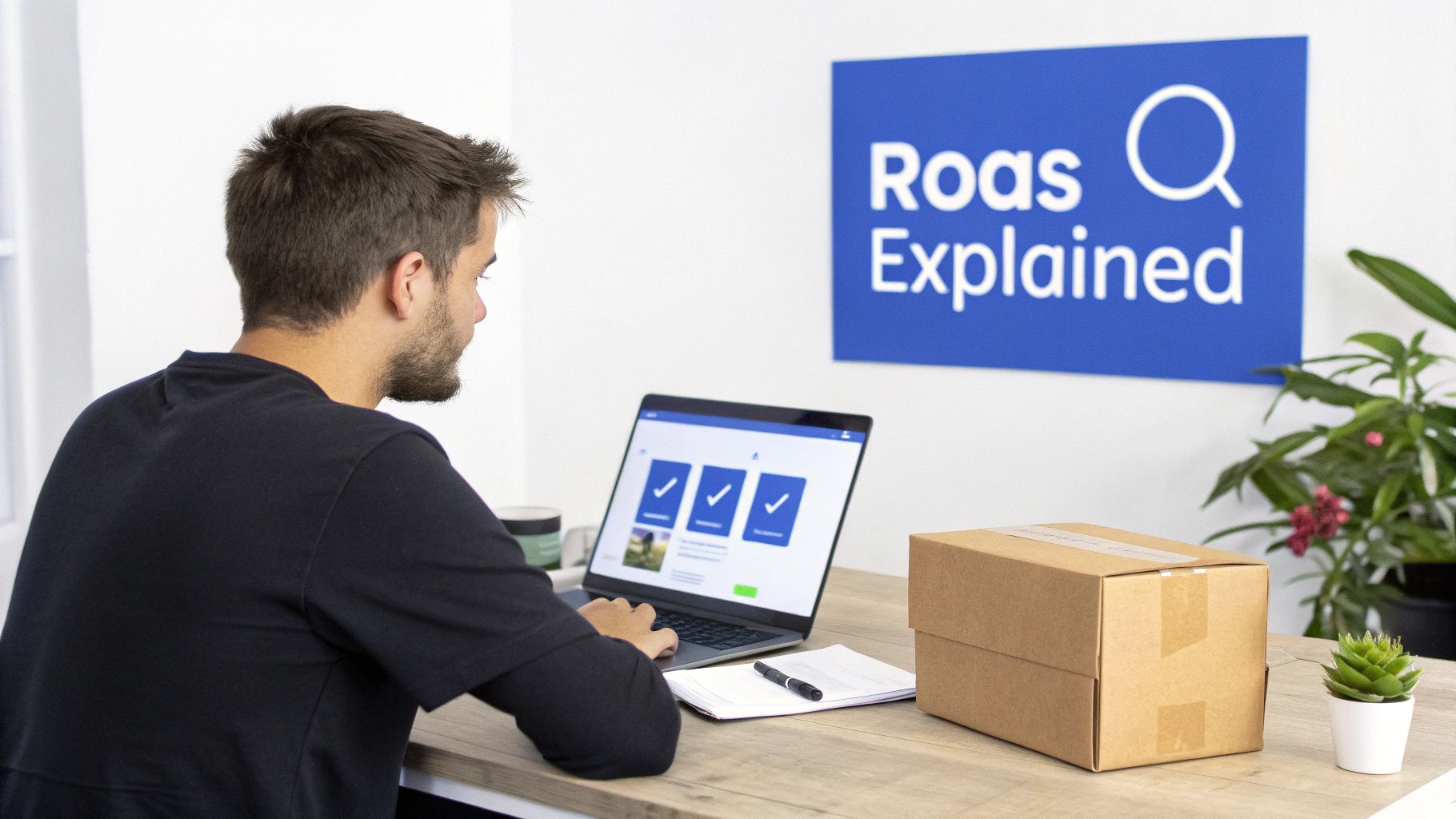 Young man works on a laptop at a desk with a 'Roas Explained' sign behind him.