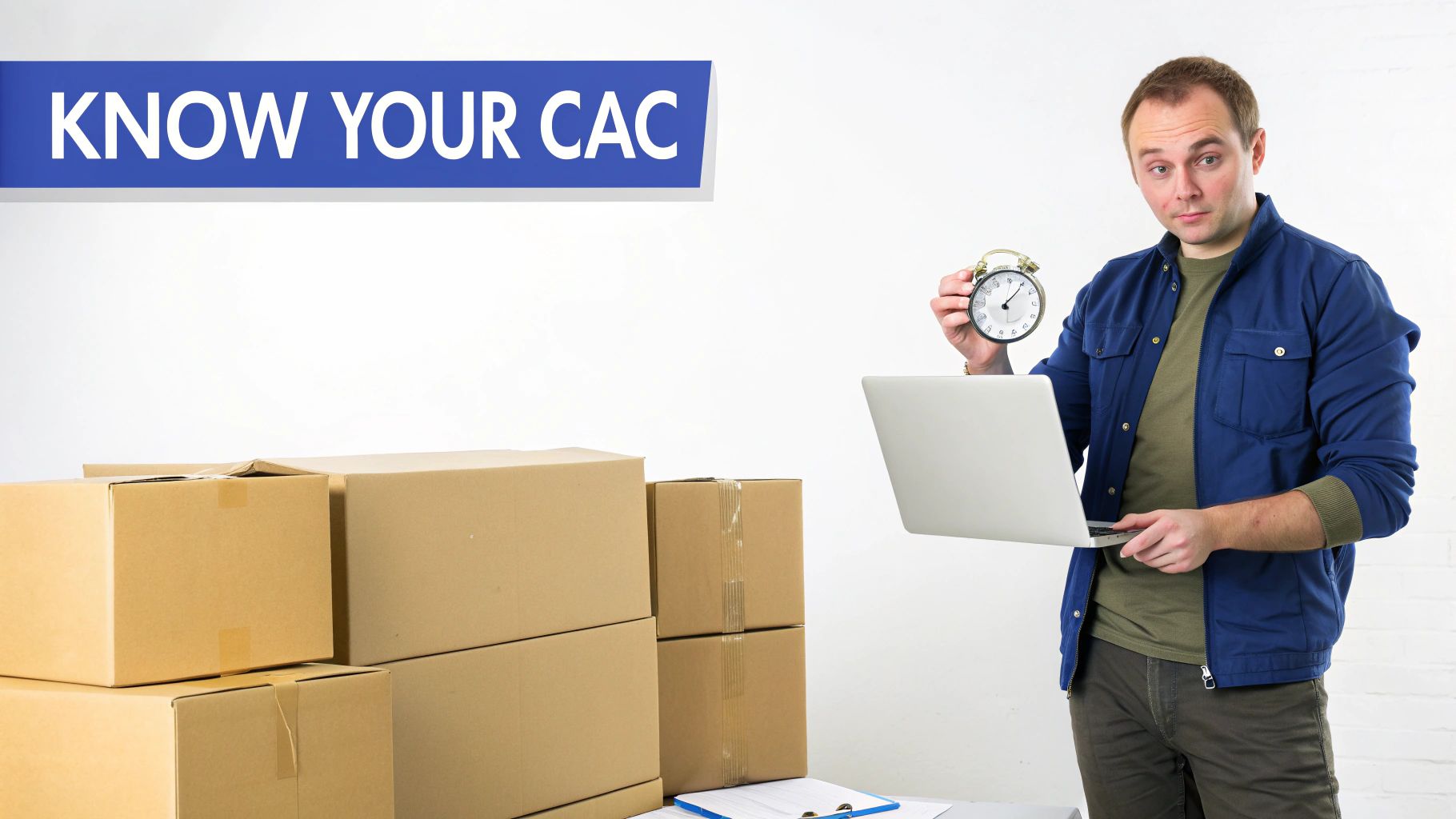 A man holds a laptop and alarm clock, standing next to shipping boxes under a 'KNOW YOUR CAC' banner.