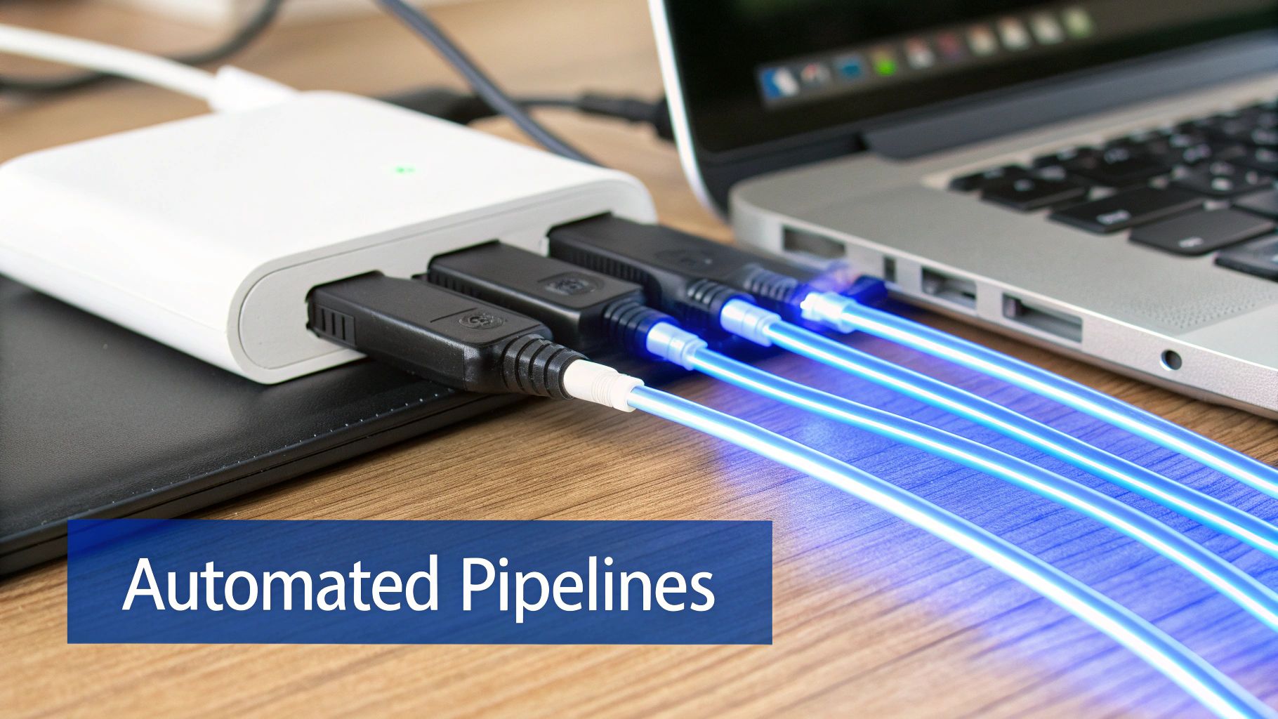 A white USB hub connected to a laptop with multiple black USB sticks and glowing blue fiber optic cables.