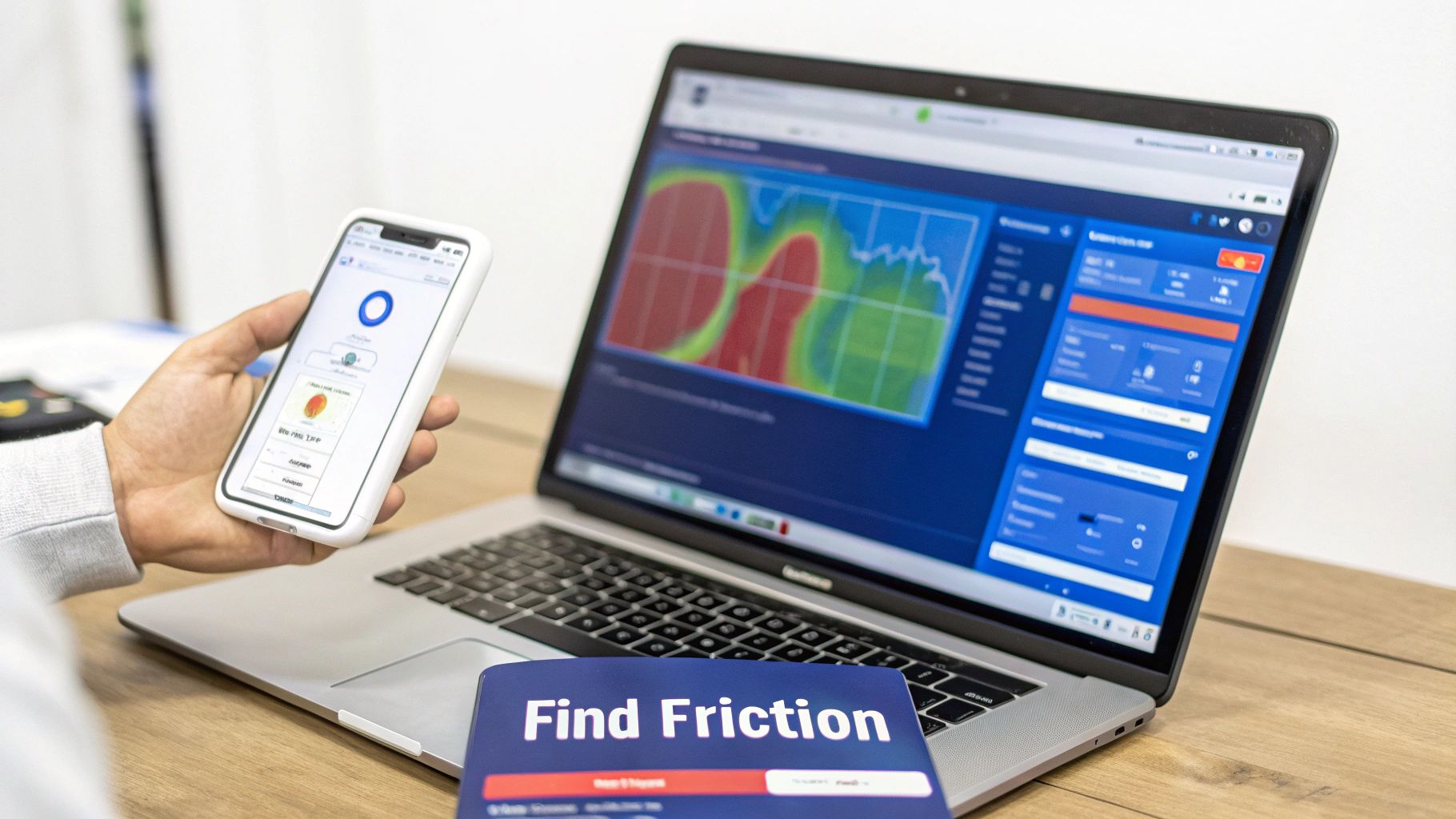 Person holds a smartphone next to a laptop displaying data analytics and a 'Find Friction' book.