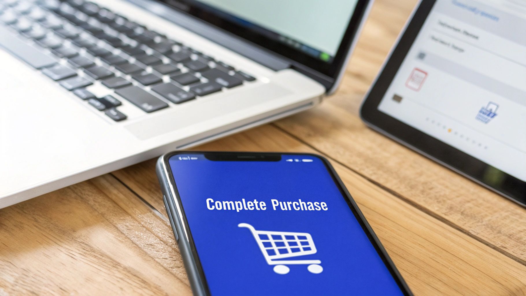 A smartphone screen displaying 'Complete Purchase' and a shopping cart icon, with a laptop and tablet in the background.