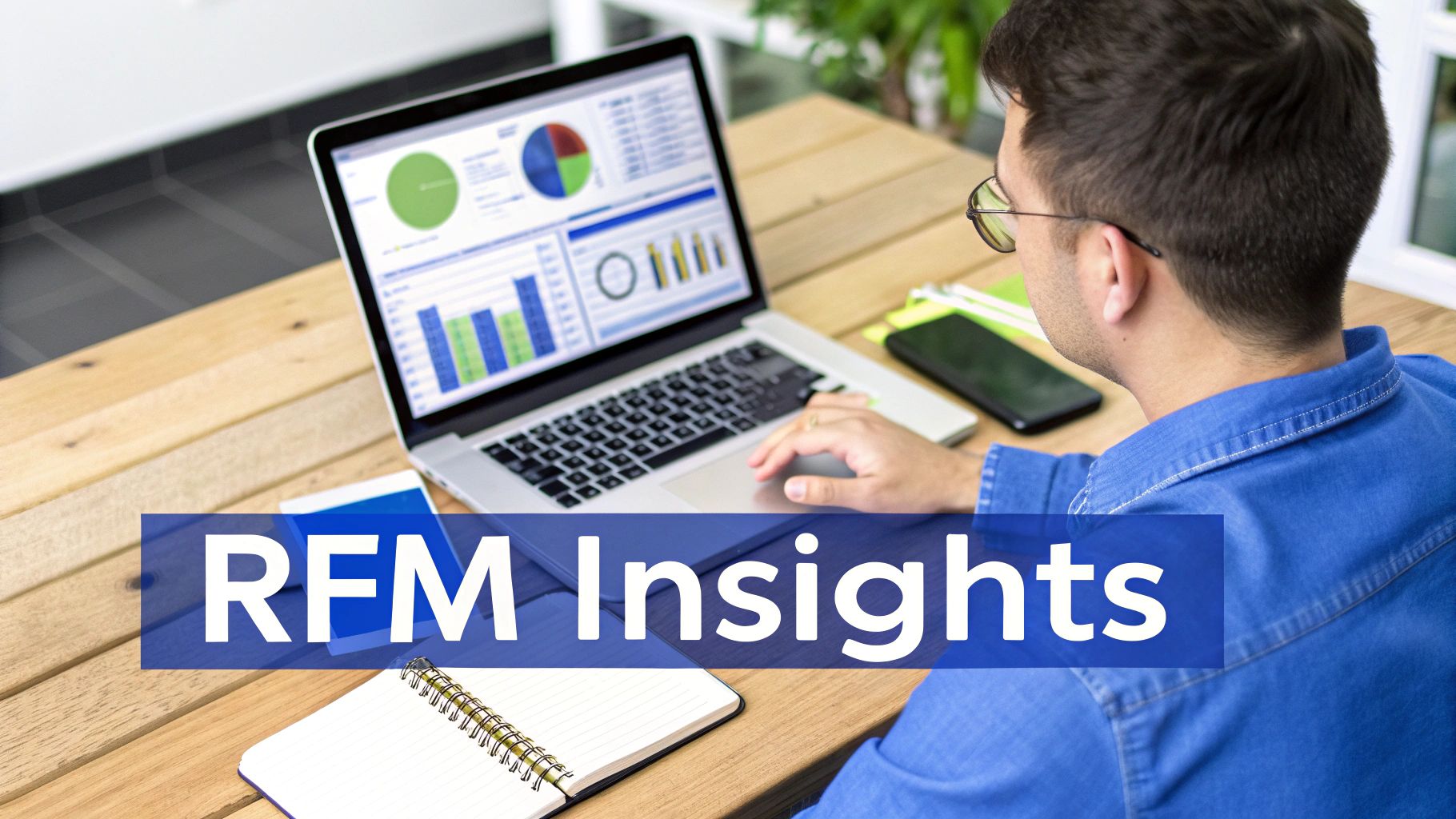 A man in glasses works on a laptop displaying data visualizations, next to a notebook and phone, with 'RFM Insights' text.