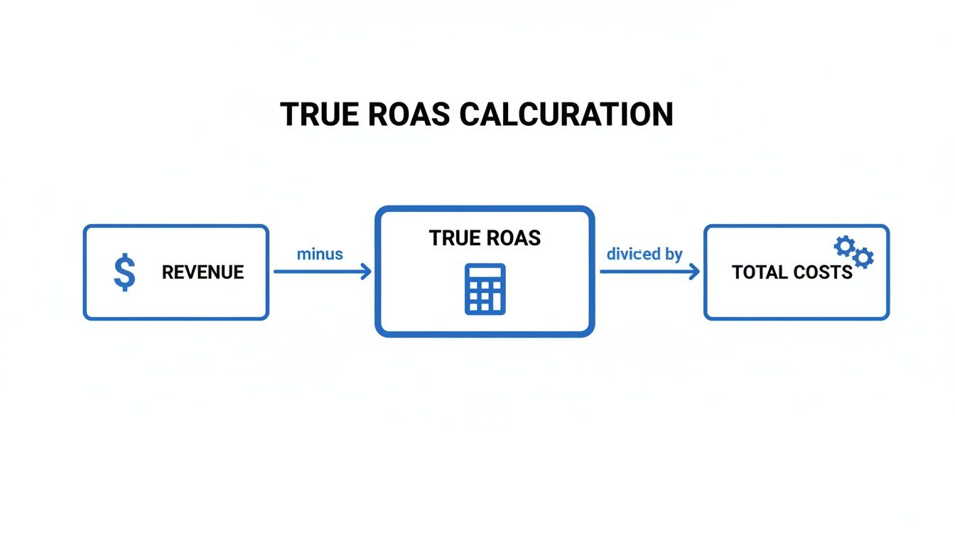 A diagram illustrating True ROAS calculation, showing revenue, subtraction, then division by total costs.