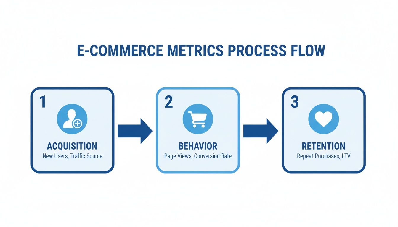 E-commerce metrics process flow diagram illustrating acquisition, behavior, and retention stages with key indicators.