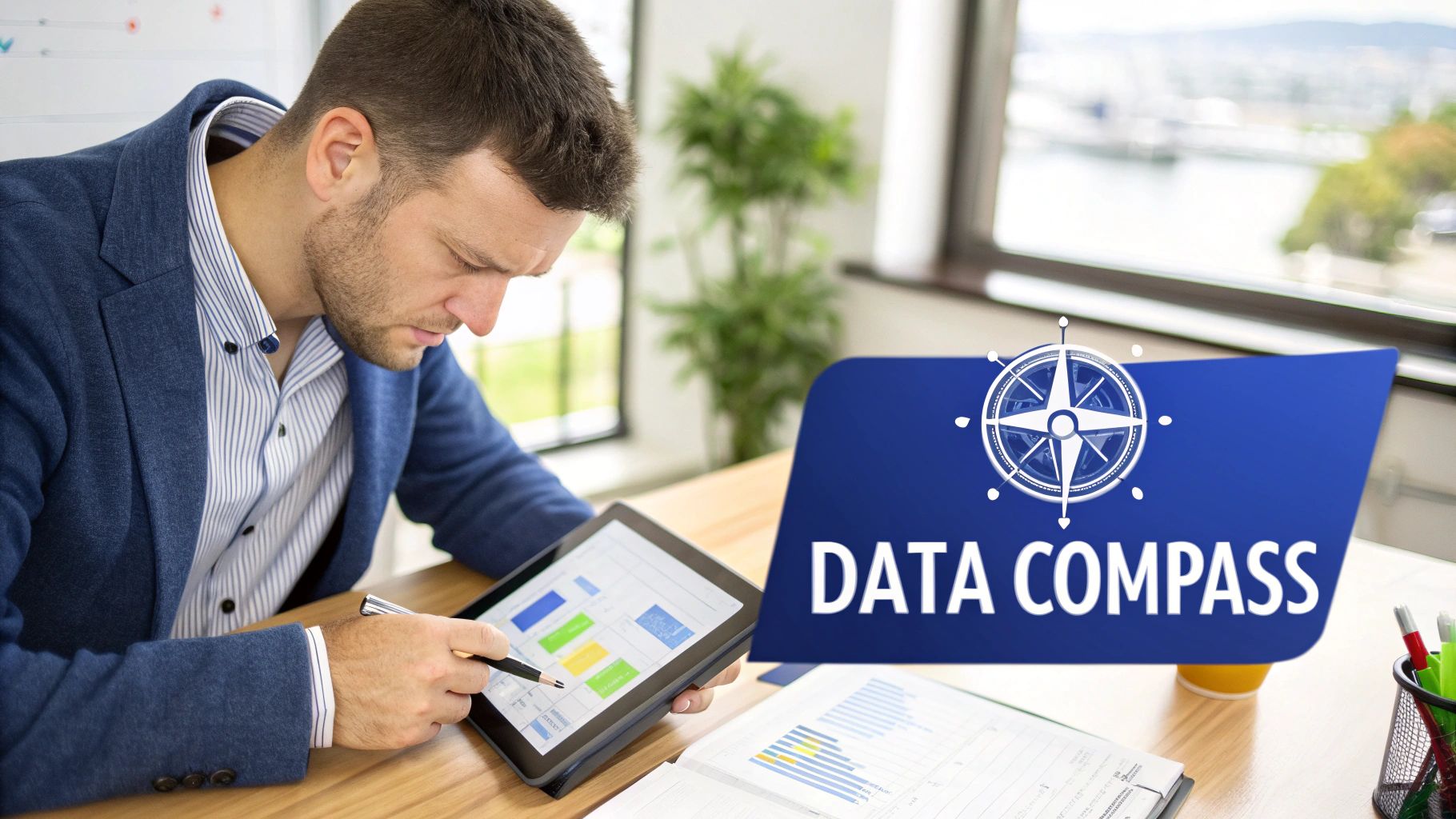 A man intently reviews charts on a digital tablet and paper, alongside a 'DATA COMPASS' logo.