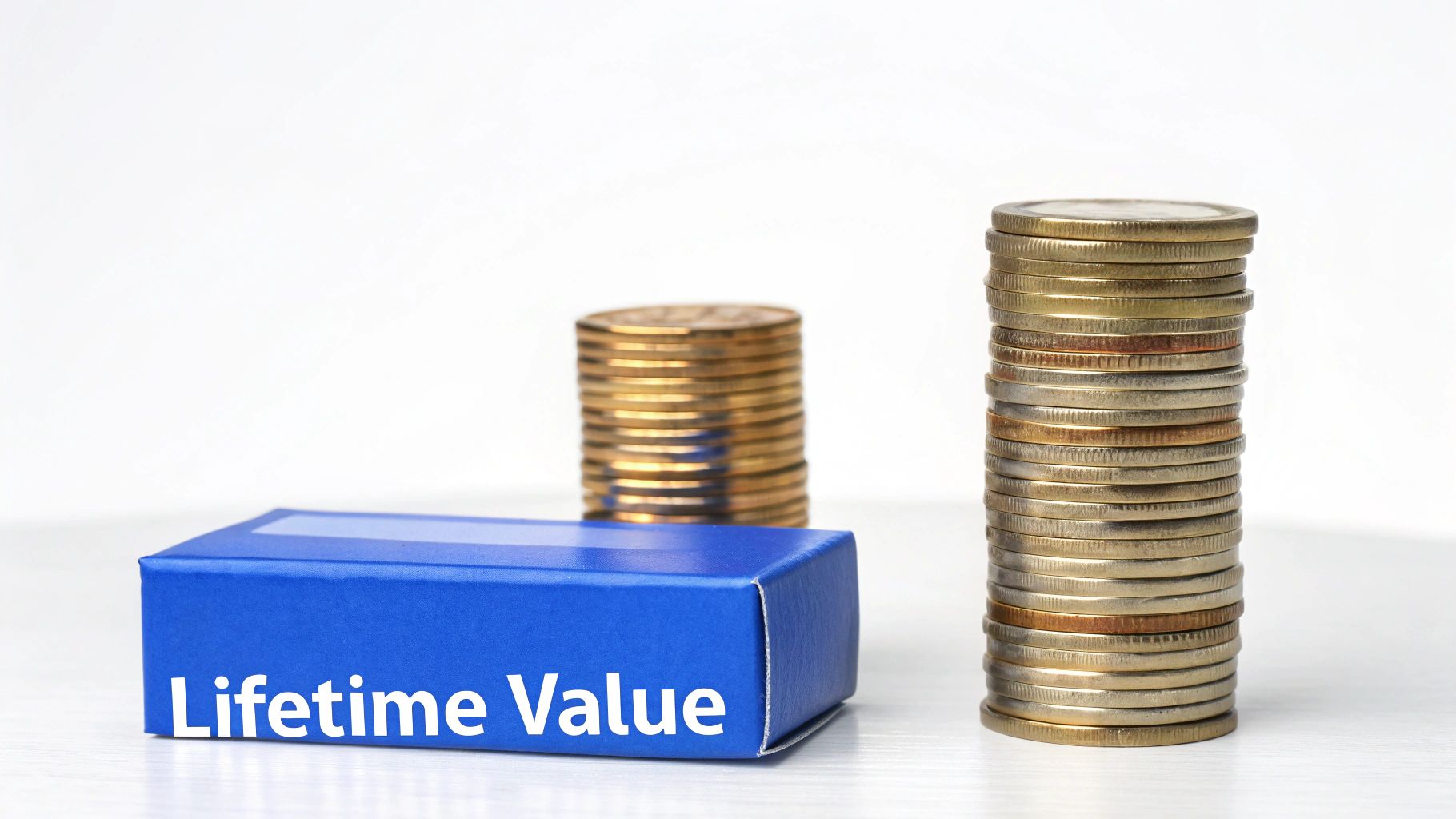 A blue box labeled 'Lifetime Value' positioned in front of two stacks of golden coins.