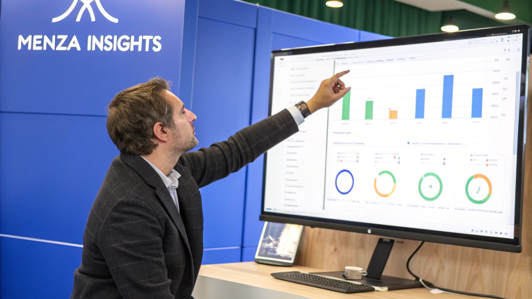 A man in a suit jacket presenting business analytics on a large screen at Menza Insights.