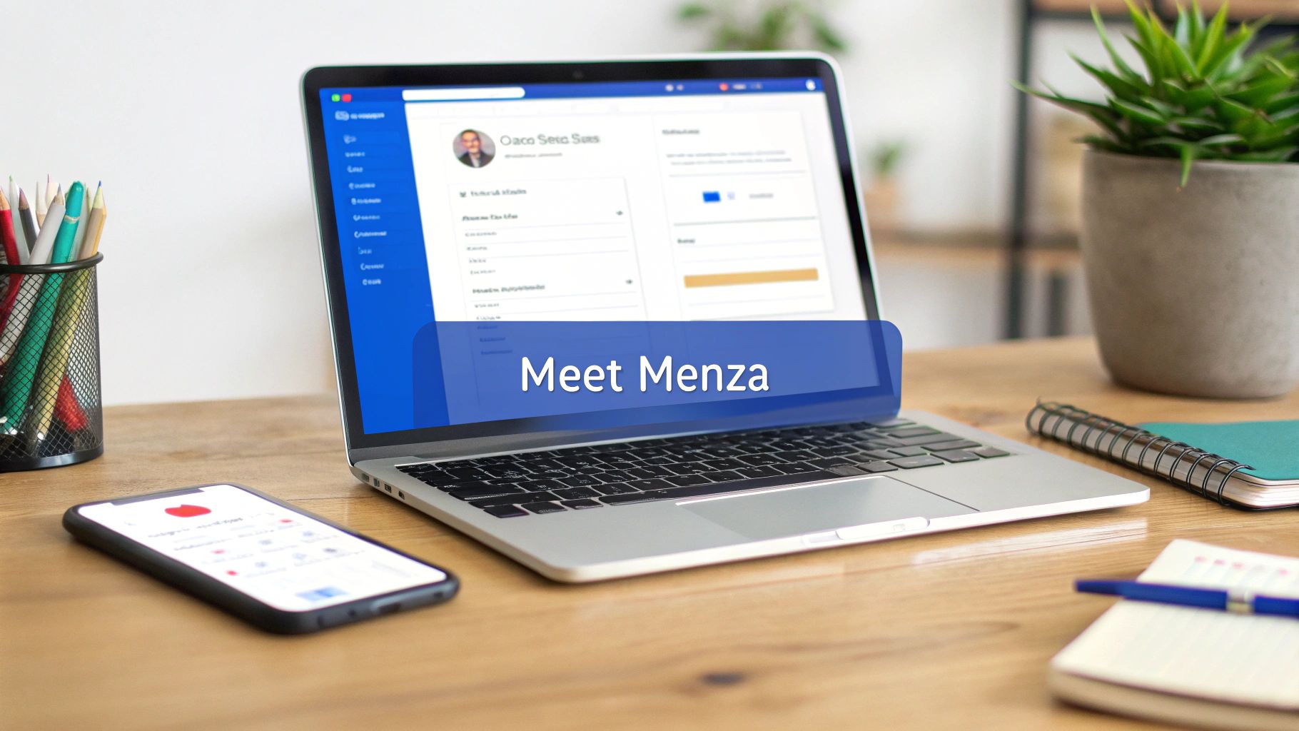 A laptop displaying a 'Meet Menza' banner, a smartphone, and office supplies on a wooden desk.