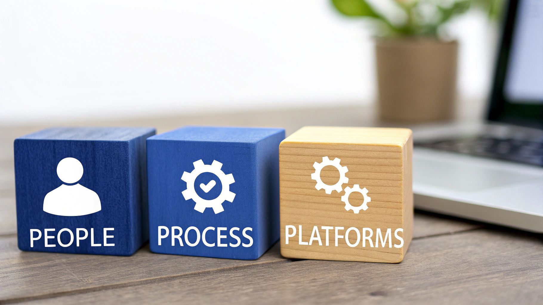 Three blocks labeled People, Process, and Platforms on a wooden table with a laptop.