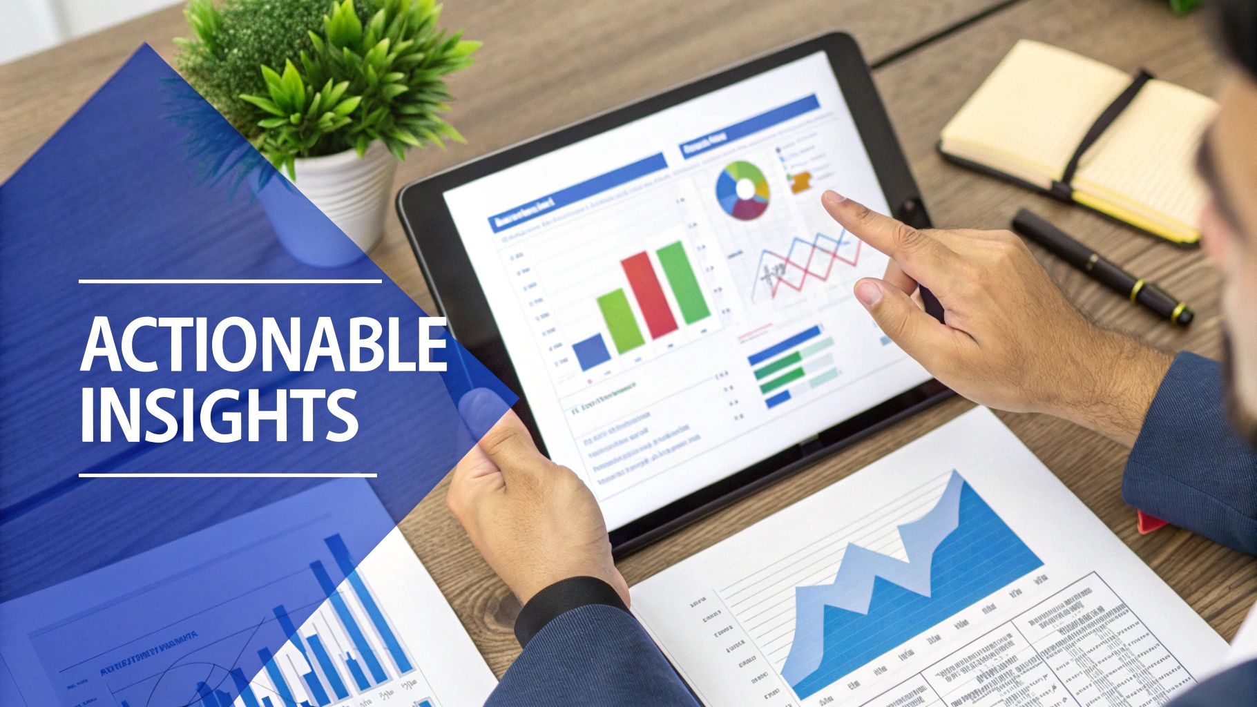 A person analyzes charts and graphs on a tablet and paper for actionable insights.