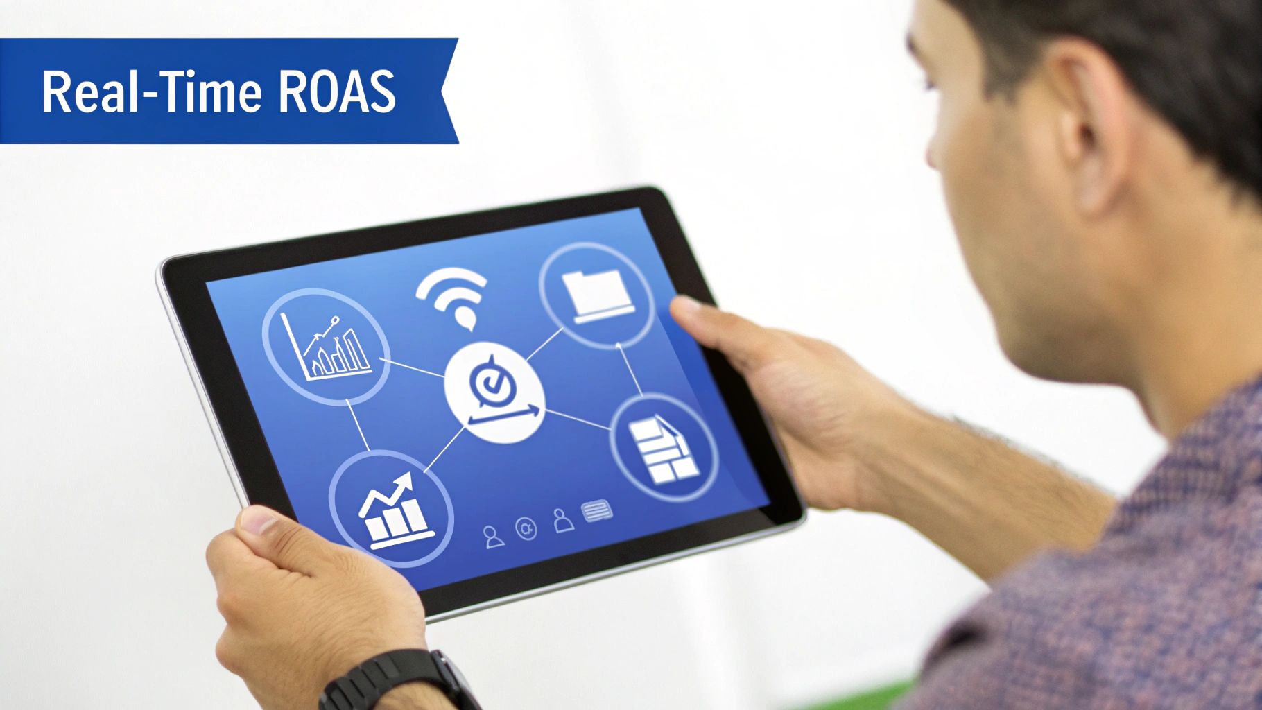 A person holds a tablet displaying a network of data analysis icons with a 'Real-Time ROAS' banner.